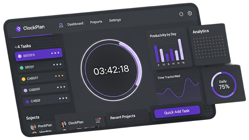 ClockPlan Dashboard showing time tracking interface with analytics and productivity statistics