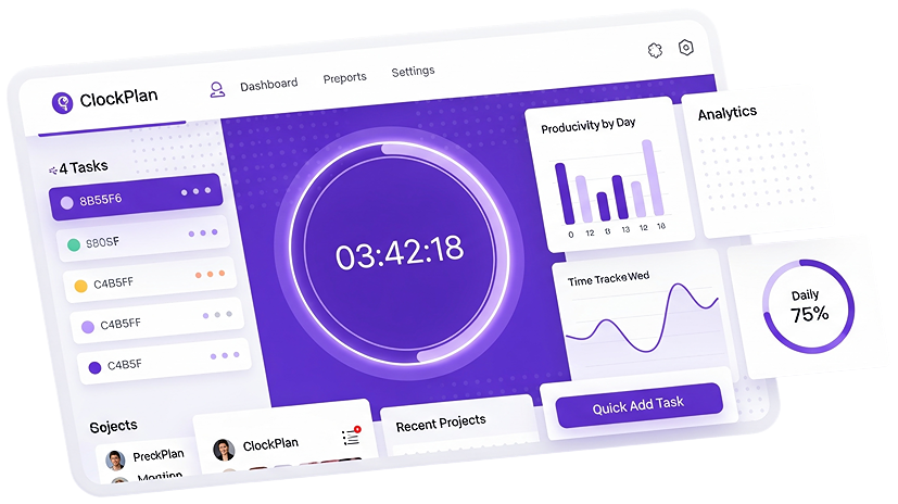 ClockPlan Dashboard showing time tracking interface with analytics and productivity statistics